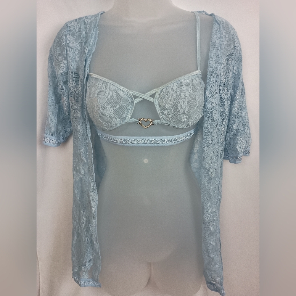 Barbiecore Sheer Coquette Lace Intimates Set in‎ Butterly Light Blue (#1,377)